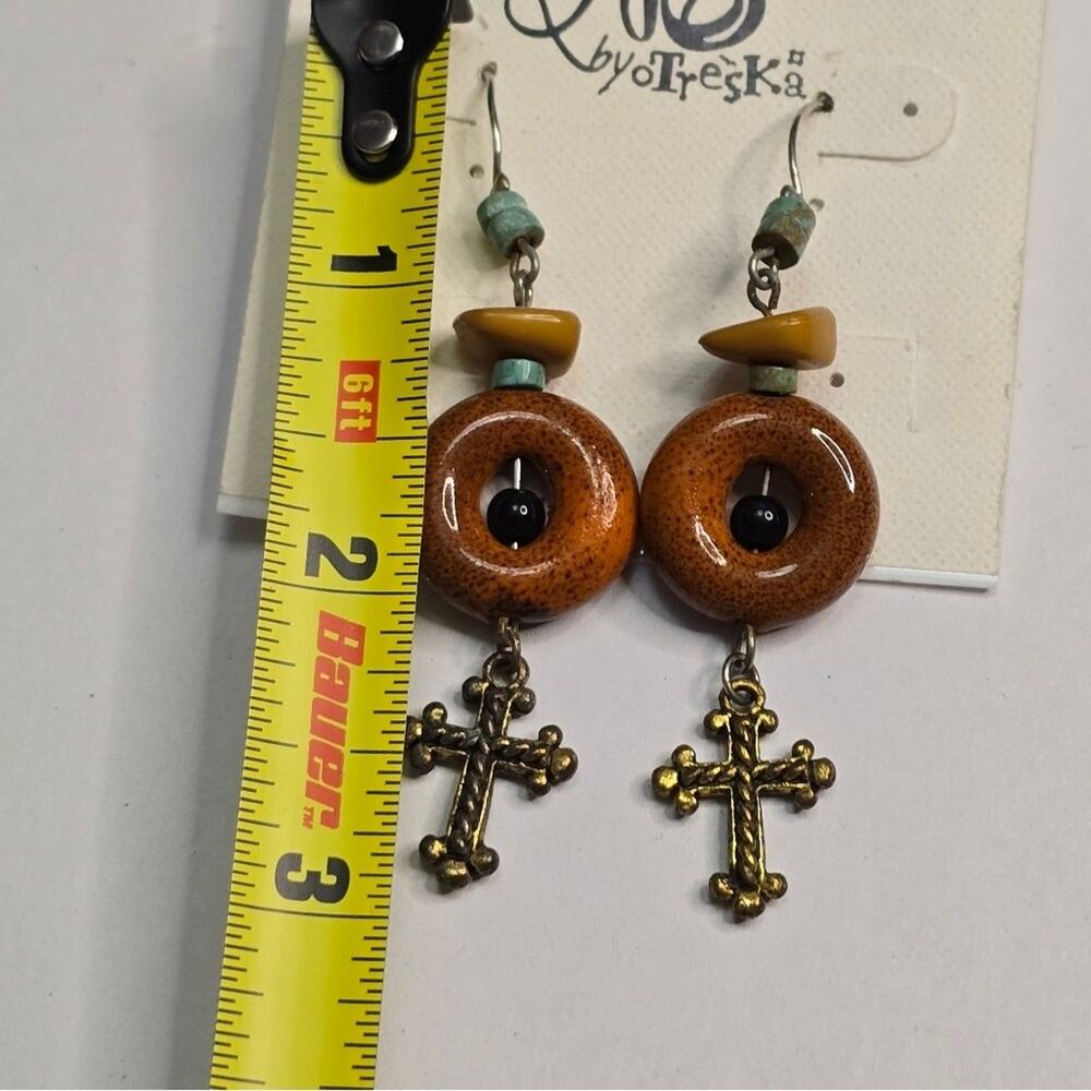 Treska Boho Cross Earrings Wood Turquoise Bronze Tone Dangle New - Picture 3 of 3
